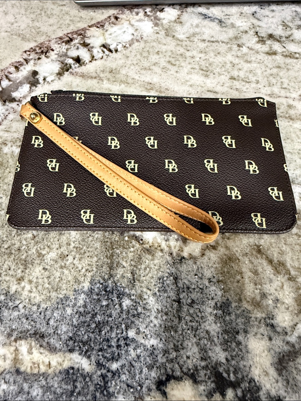 Dooney & Bourke Monogram Brown Wristlet Clutch with Tan Strap NWOT
